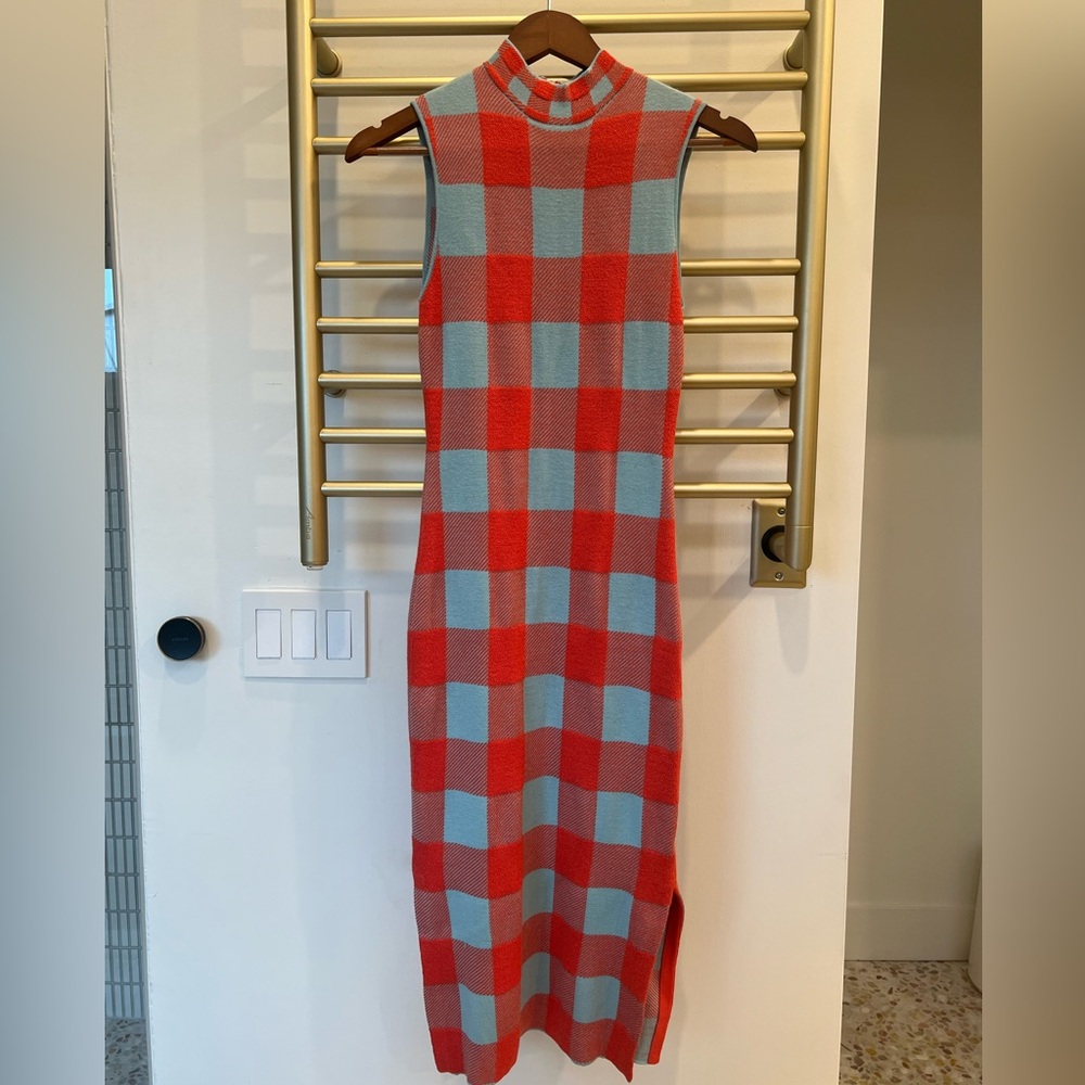 STAUD Red and Blue Checkered Midi Dress, Size S